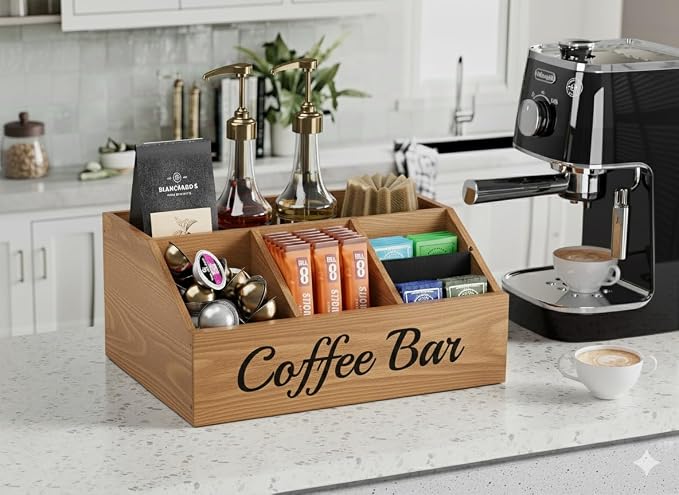 Coffee Station Organizer for Countertop – Wooden Coffee Bar Organizer with Adjustable Dividers,Holds K Cup Pod & syrup bottles, for Kitchen, Office, or Bar and Tea Station, Brown - Image 3