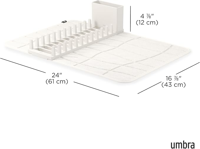 Umbra Udry Dish Drying Rack with Microfiber Mat, Foldable Drainer, Sand | Machine washable, protects countertops, utensil holder, compact space saving design - Image 3