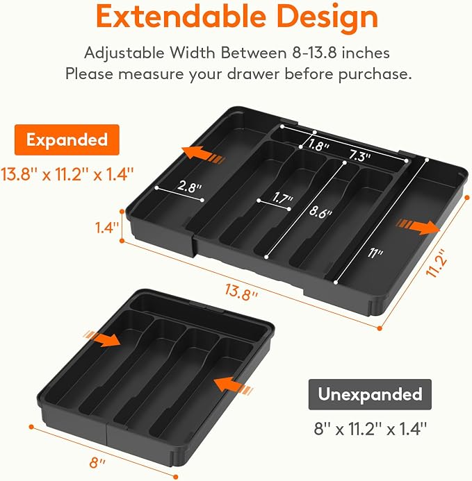 Lifewit Expandable Silverware Organizer, Plastic Utensil Tray for Kitchen Drawer, BPA Free Flatware Cutlery Holder, Space-Saving Storage for Spoons Forks Knives, 8-13.8 x 11.2 x 1.4 inch, Black - Image 3