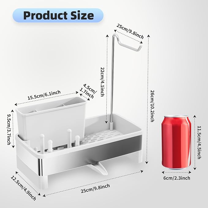 Ewaiira Sponge Holder for Kitchen Sink, Stainless Steel Sink Caddy | with Brush Holder & Dishcloth Rack, Countertop Sink Organizer, Soap Dispenser Kitchen Organizers Storage (E-White 9.8″) - Image 6