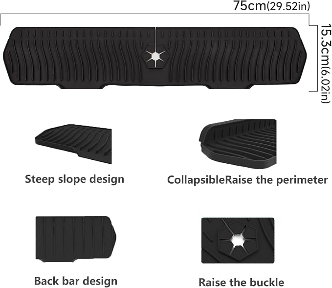 Kitchen Sink Splash Guard 29.7 X 5.7 In, Large Size Kitchen Sink Splash Guard, Silicone Sink Faucet Drying Mat, Faucet Mat Splash Catcher, Multipurpose For Kitchen Sink, Bathroom (Black) - Image 2