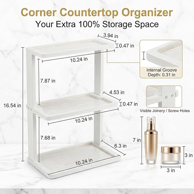 PEKER Bamboo Bathroom Organizer Countertop – Vanity Storage Shelf for Makeup, Perfume, Skincare – Natural Cosmetics Display Rack for Dresser, Sink, Kitchen – White - Image 3