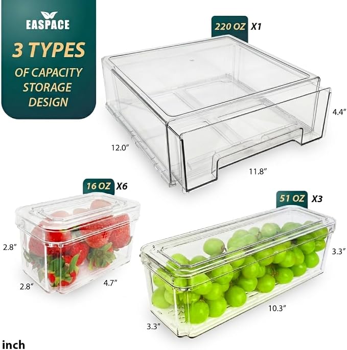 Fridge Organizer Bins with Drawer, 10-Pack Clear Stackable Container Set, BPA-Free Plastic Refrigerator Storage Containers for Food, Fruits, Vegetables, Meats, Salads (Multi-Purpose) - Image 2