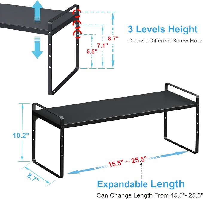 15.5 to 25.5 Inch Expandable Kitchen Cabinet Organizer Shelf, 2 Pack 30 LBS Heavy Duty Adjustable Kitchen Counter Storage Shelves Organizers,Stackable Small Storage Shelf Rack For Cabinet Cupboard - Image 2