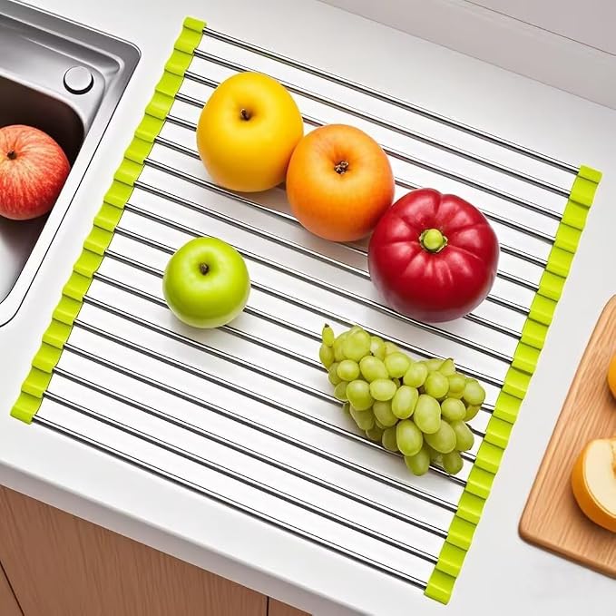 Roll Up Dish Drying Rack, Stainless Steel and Silicone Dish Drying Mat Over The Sink Foldable Drain Rack Multipurpose Dish Drainer for Kitchen, 14.5” x 14”, Green - Image 4