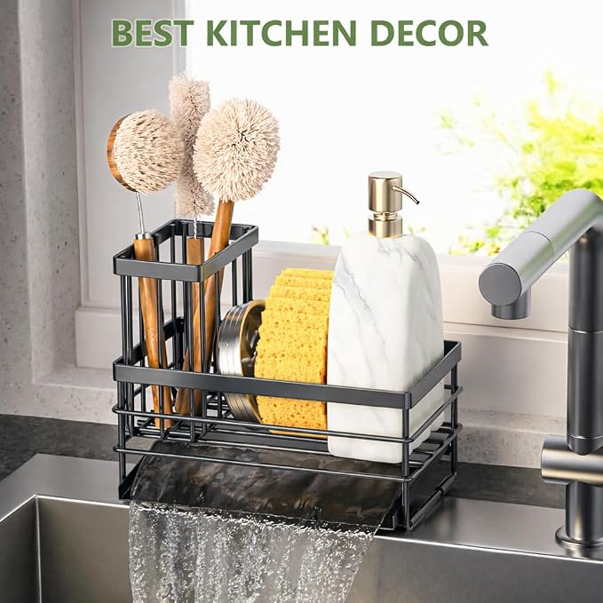 Cisily Sink Caddy Sponge Holder for Kitchen with Brush Holder and Stainless Steel Self Drain Tray, Rustproof Kitchen Sink Organizer for Sponge, Soap Dispenser Storage Accessories - Image 5