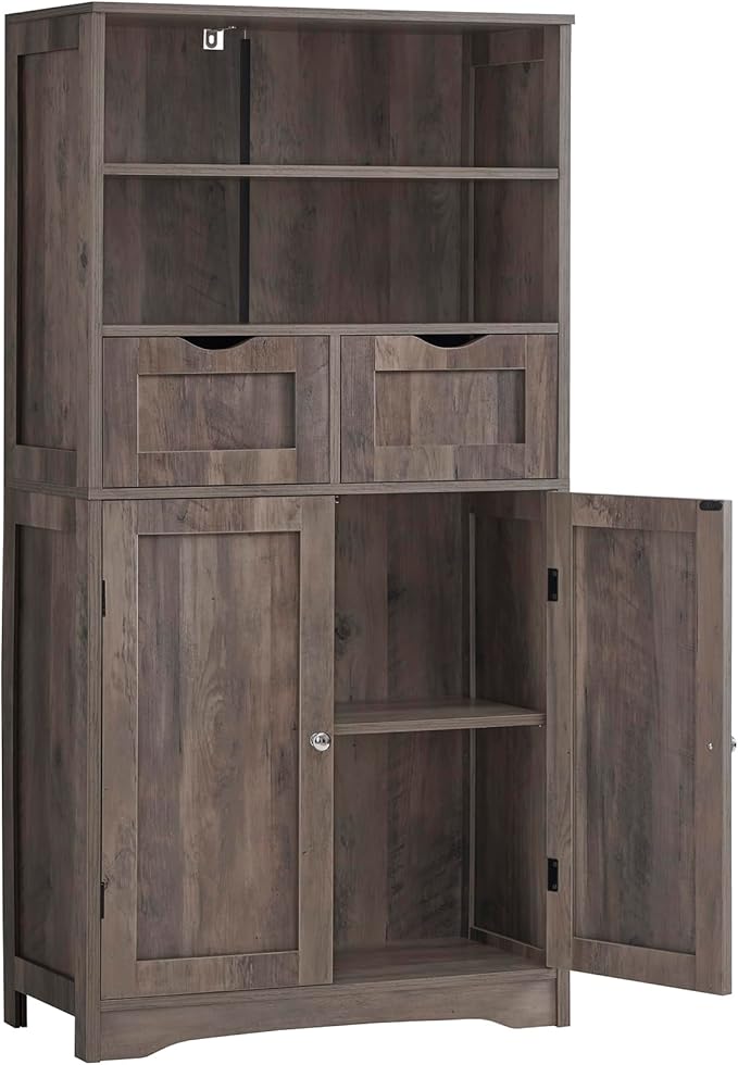 Iwell Tall Storage Cabinet with 2 Drawers & Adjustable Shelf, Bathroom Cabinet with Doors, Kitchen Pantry Storage Cabinets, Cupboard for Living Room, Dining Room, Entryway, Rustic Gray by IWELL