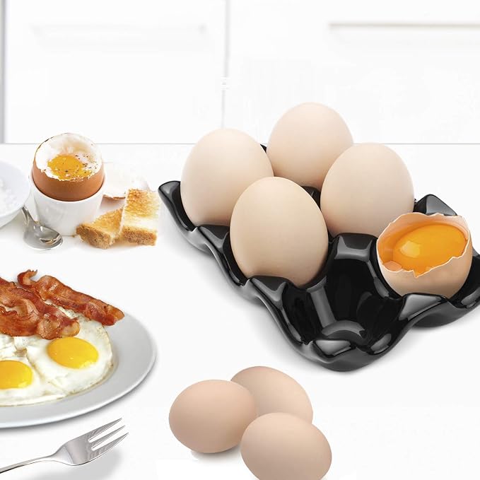 Flexzion Ceramic Egg Holder for Fridge - 6 Cups Egg Tray Half Dozen Porcelain Container Keeper Storage Organizer Decorative Serving Dish Serveware for Refrigerator Countertop Display Kitchen (Black) - Image 3