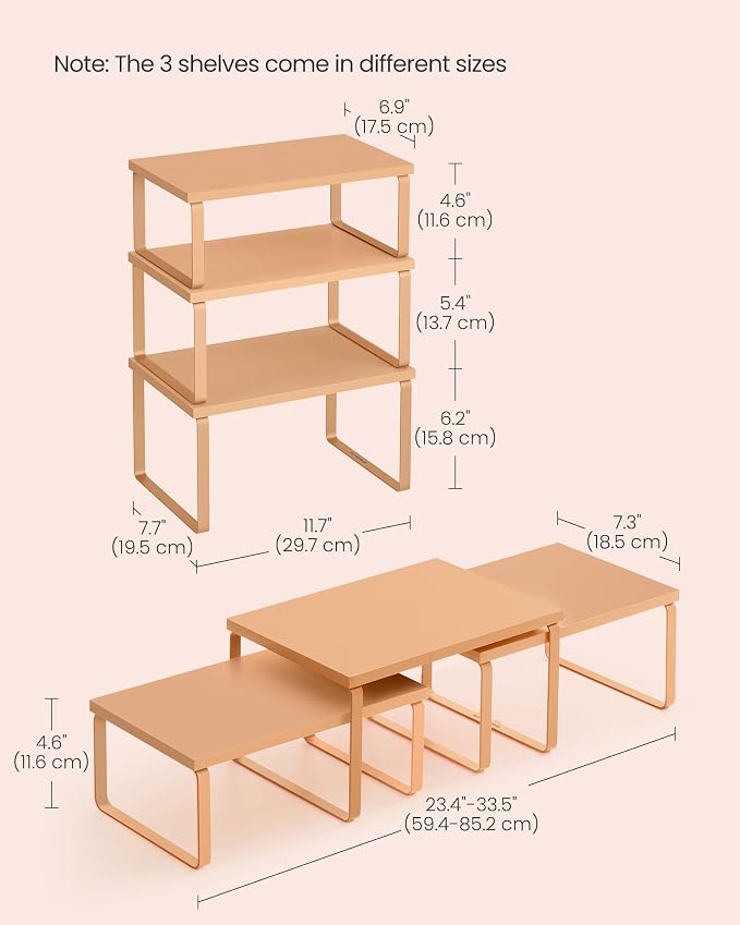 SONGMICS Cabinet Organizer Shelf, Set of 3 Spice Rack, Kitchen Storage | Kitchen Storage, Spice Rack, Expandable, Apricot, BYSTRO Collection UKCS220Y01 - Image 5