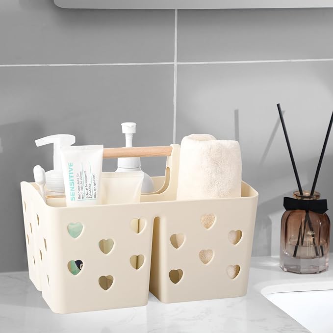 Portable Shower Caddy Plastic Shower Basket Organizer with Handle, Beige | Divided Bathroom Caddy Storage Cleanning Caddy Tote for College, Dorm Room, Kitchen - Image 2