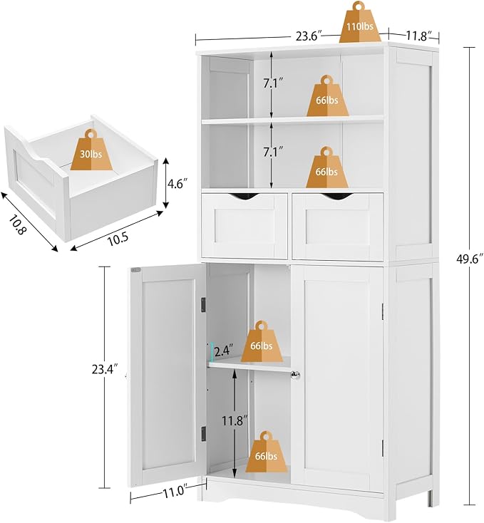 Iwell Tall Bathroom Cabinet, Storage Cabinet with Adjustable Shelves, Bathroom Storage Cabinet for Living Room, Dining Room, Entryway, White - Image 3