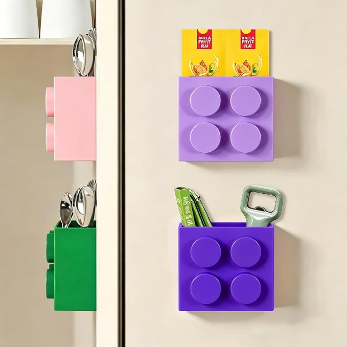 Magnetic Basket Organizer for Fridge - Lego-Style ABS Plastic Storage Box,No Drill Design for Kitchen Counter, Microwave & Whiteboard, Holds Up to 3.5 lbs (Light Purple) - Image 7