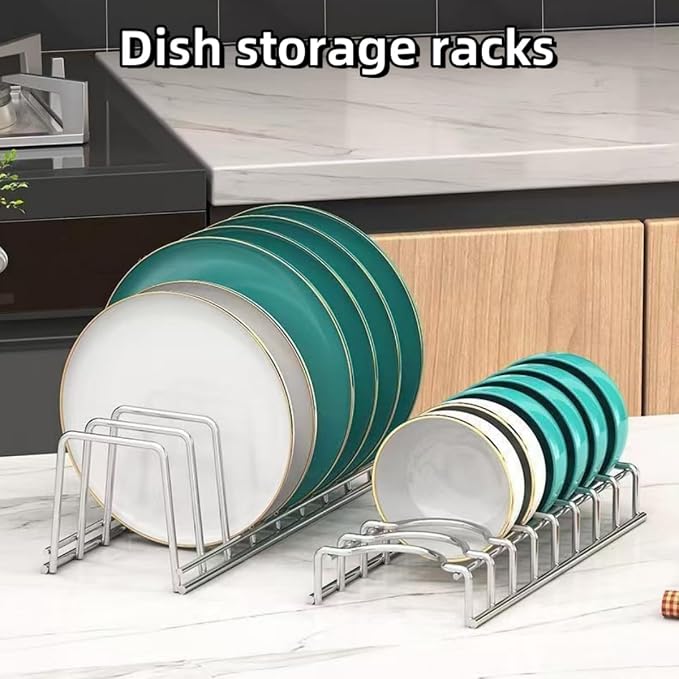 Dish Rack Plates Holder 2 Pack set, Plate organizer for cabinet space saver, Pan lid organizer, Kitchen Storage Cabinet Organizer for Plates/bowls/cups/lids/cutting boards/spatulas - Image 2