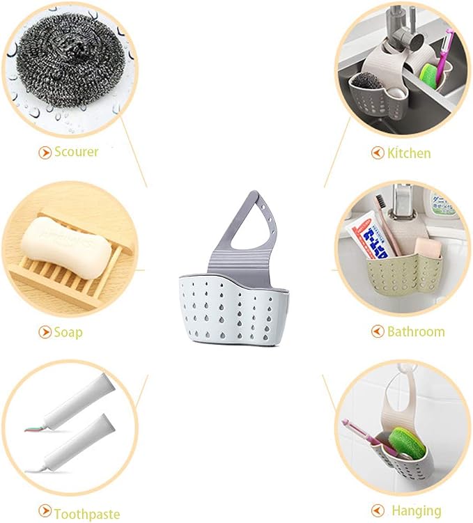 EC ELEGANTCHARM Kitchen Sink Caddy Sponge Holder Silicone Plastic Soap Holder Hanging Ajustable Strap Faucet Caddy with Drain Holes for Drying - Image 6
