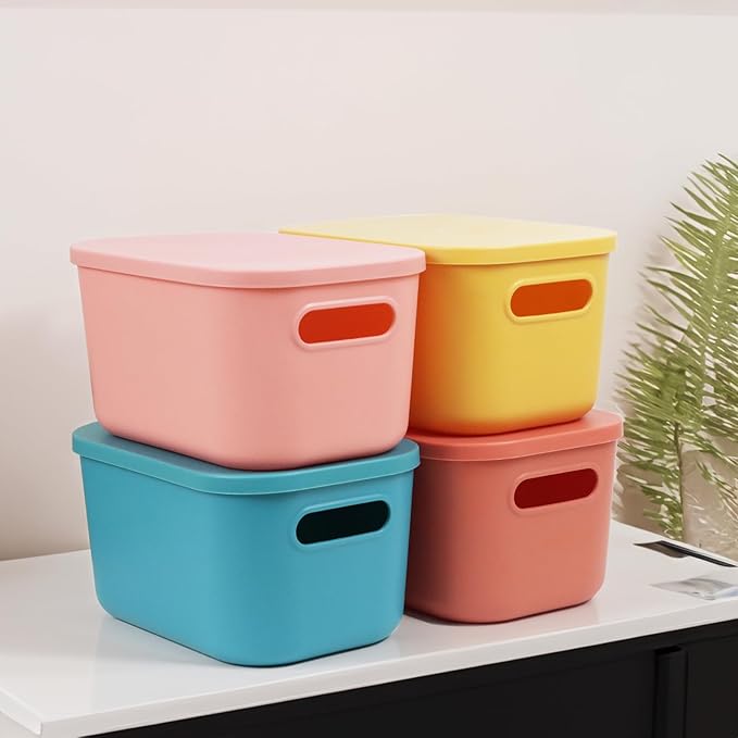 6Pcs Small Storage Bins with Lids, Stackable Plastic Organizer Bin Storage Containers for Organizing, Shelf Baskets for Pantry Cabinet Shelves Desktop Freezer Drawer Organization (6 Color, Small) - Image 5