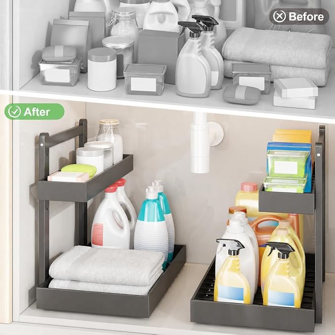 Bamboo Under Sink Organizer, 2-Tier Pull Out Cabinet Organizer | Kitchen Sink Organizer | Bathroom Cabinet Organizer | Cleaning Supply Storage | L-Shape | 3-Level Adjustable | Natural Bamboo - Image 5