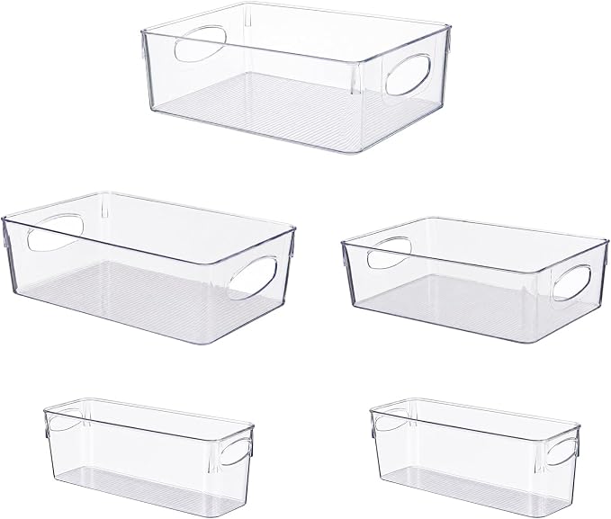 UFORU 5 Pack Clear Plastic Pantry Organizers and Storage with Handles | Non-slip Bottom Stability, Space-Saving Stackable Design, Clear Visibility, Thickened Plastic, Multi-Scene Storage Solutions by UFORU
