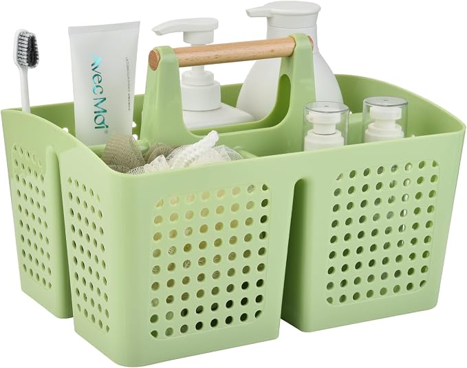 Portable Shower Caddy Basket with 3 Compartments and Handle, Grass Green | Plastic Divided Storage Caddy for Camping, RVs, Outdoor Showers, Bathrooms, Laundry Rooms and Cleaning Supplies by PAKCHOICE