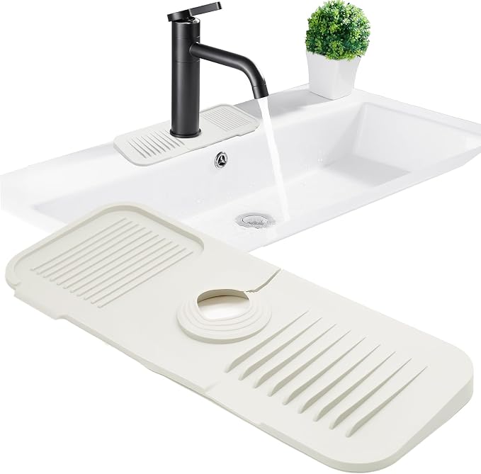 Jiozermi 14.5inch Kitchen Sink Splash Guard, White | Silicone, Faucet Handle Drip Catcher Tray Mat, Kitchen Sink Accessories Gadgets, Drying Mat for Kitchen Counter Bathroom by Jiozermi