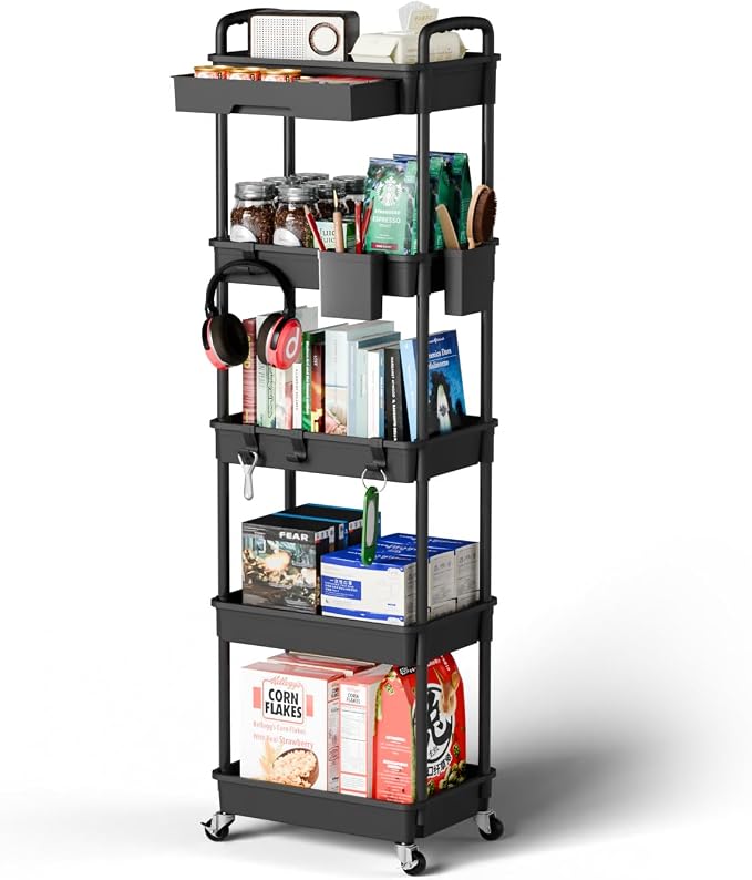 Sorgion 5 Tier Rolling Cart Organizer,Bathroom Cart Organizers with Wheels Laundry Room Organization Mobile Shelving Unit Utility Cart Storage Shelves Multi-Functional for Office, Home(Black) by Sorgion