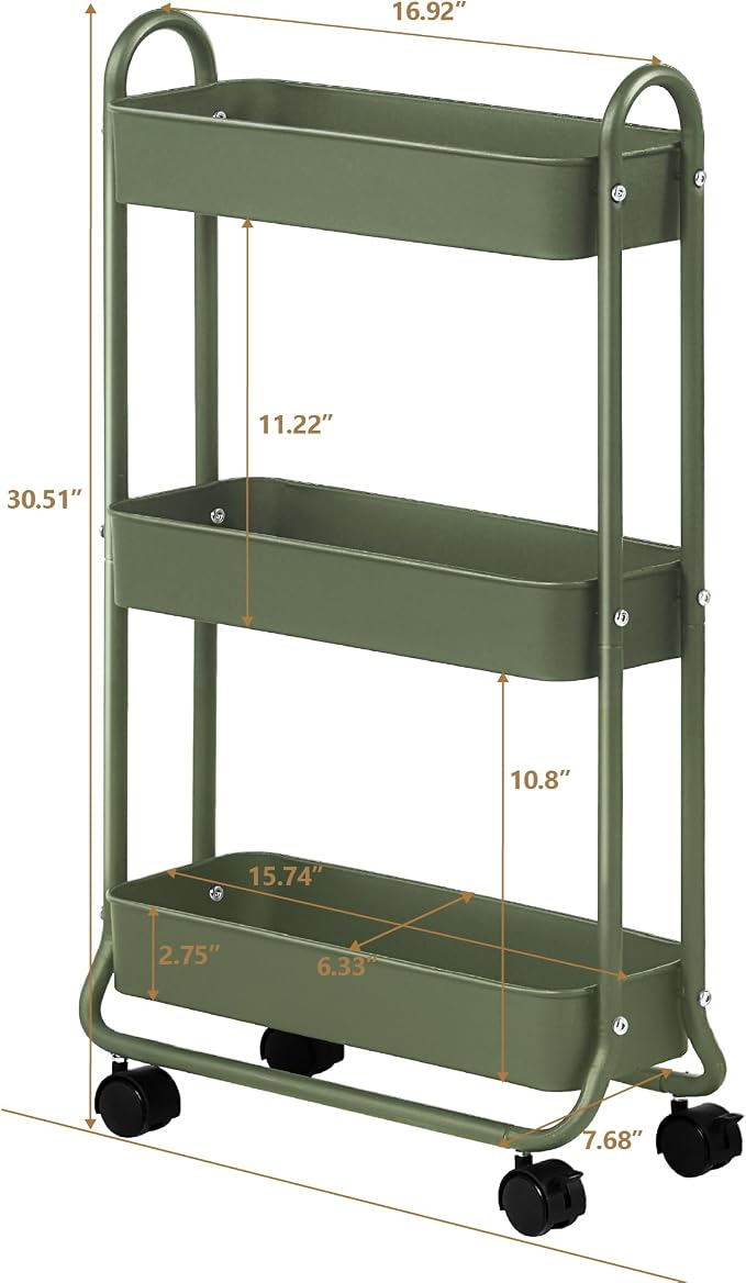 SunnyPoint Slim Rolling Storage Cart, 3 Tier Bathroom Storage Organizer Bathroom, Laundry Utility Cart (Army) - Image 6