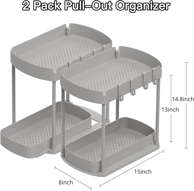 2 Packs Under Sink Pull-Out Storage Organizers, 14.8 Inches, Grey | Multi-Purpose Cabinet Organizers and Storage for Bathroom & Kitchen - Image 2