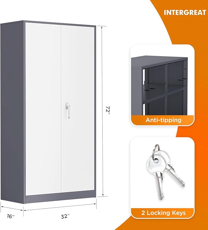Metal Storage Cabinet Doors, 72" Locking Steel Storage Cabinet with Shelves, Tall Lockable Steel Cabinets for Home Office, Garage(New Grey) - Image 3