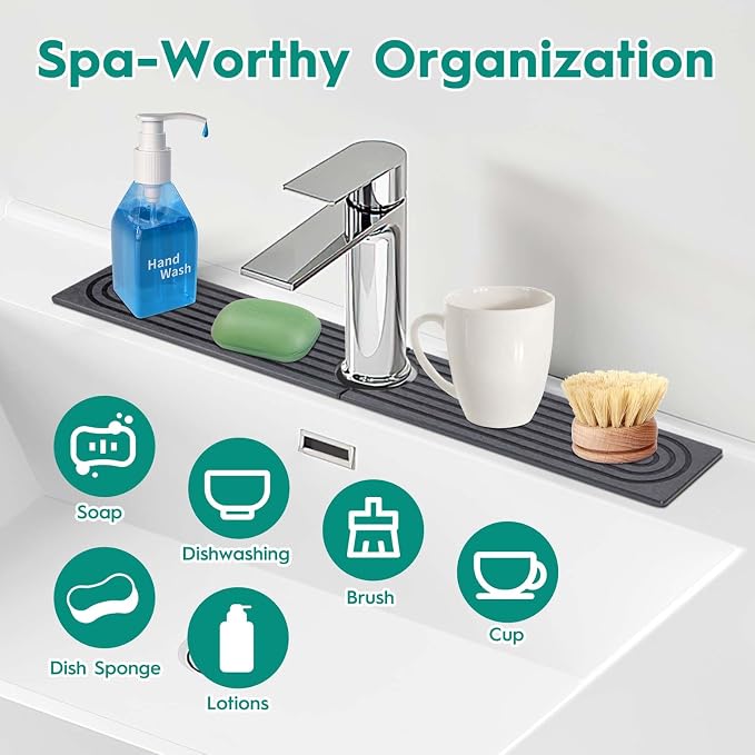 24 Inch Stone Faucet Mat for Kitchen Sink, Dark Grey | Quick Dry, Kitchen Water Splash Guard, Diatomite Faucet Protector, Super Absorbent & Leak Proof, for Kitchen Bathroom Counter - Image 5