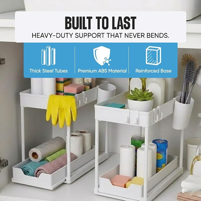 Undersink Organizer, 2-Tier Under Sink Storage Rack with Sliding Drawers for Kitchen Bathroom Cabinets, Pull Out Organizer for Pantry, Laundry Room & Closet Organization - 2 Pack, White - Image 4