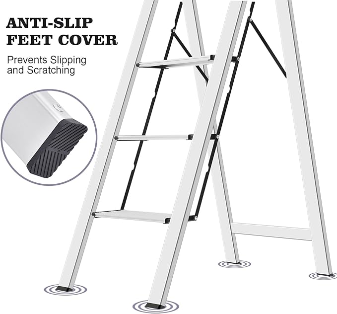KINGRACK Aluminium 4 Step Ladder, Lightweight Step Stool with Non-Slip Pedals, Handrail, Foldable Step Ladder for Kitchen, Garage, Home, Space Saving, Sturdy and Portable, Silver - Image 3