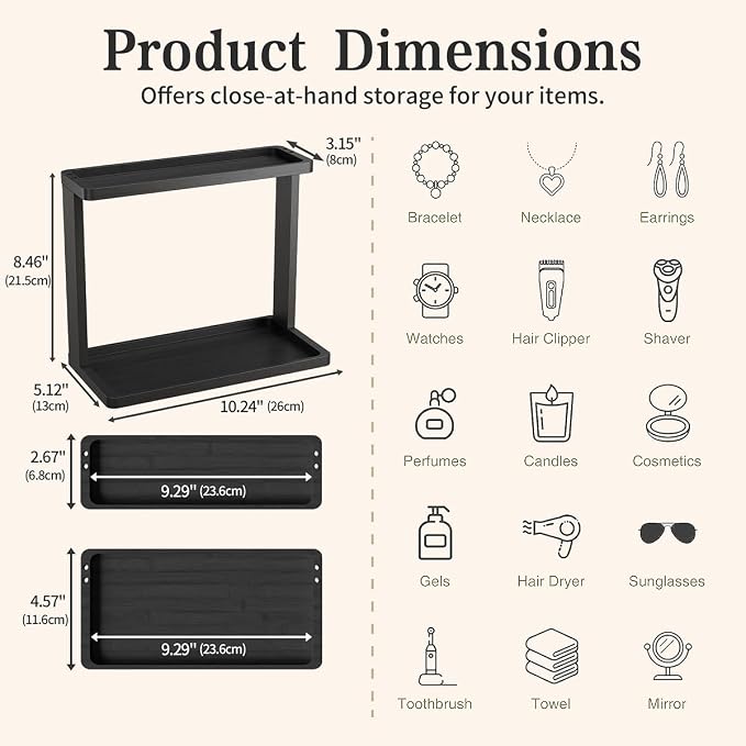 PEKER Bamboo Bathroom Organizer Countertop – Small Vanity Storage Shelf for Makeup, Perfume, Skincare – Natural Cosmetics Display Rack for Dresser, Sink, Kitchen –Black - Image 3