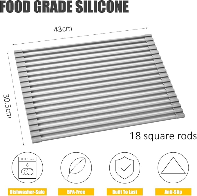 Roll Up Dish Drying Rack,Silicone-Coated Steel,16.9 x12.2 in | Over-sink rack,18 silicone-coated stainless steel rods,44lb capacity,450°F heat resistance,roll-up storage - Image 5