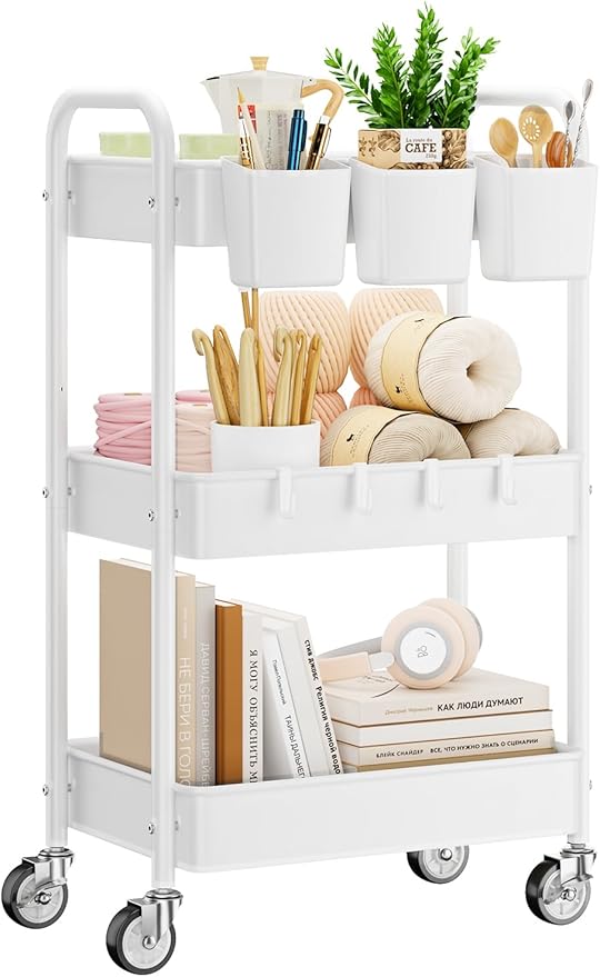 3 Tier Rolling Cart, Heavy Duty Metal Utility Cart with Wheel White | Sturdy Rolling Storage Cart With Hooks & Hanging Cups, Great For Craft, Art Workspace, Kitchen ,Snack And Office Storage by YASONIC