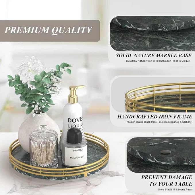 AMH 10-Inch Green Marble Lazy Susan with Gold Frame | Smooth rotating oak tray with walnut finish for dining tables, kitchen counters, pantries and cabinet storage. - Image 6