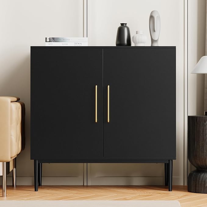 Black Storage Cabinet with Doors, Modern Accent Cabinet, Free Standing Cabinet with Adjustable Shelf, Wooden Buffet Sideboards for Living Room, Kitchen, Dining Room, Entryway by REHOOPEX