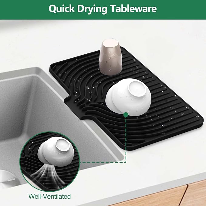 GUUKIN Silicone Dish Drying Mat,17.7" x 11.8 " Drying Matt Kitchen Counter, Dish Drying Rack Mat, Easy Clean Pad for Countertop Protection, Multi-Functional Use, Not applicable Bumps up sink (Black) - Image 3