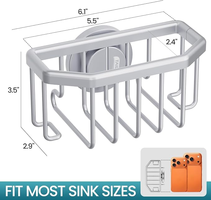 TAILI Sponge Holder for Kitchen Sink with Suction Cup-Silver, Aluminum | Rustproof Aluminum Sink Caddy for Sponges,Brushes,Stoppers & Scrapers,Removable Ventilated Quick-dry Design, holds Up 11lbs - Image 3