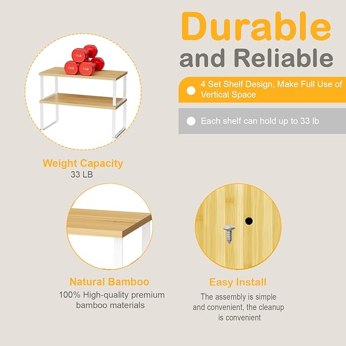 OGEMXU Cabinet Shelf Organizers, 15.7 inches Large Kitchen Counter Shelf, Set of 2 Wood Kitchen Pantry Organizer, Storage Shelves for Countertop, Spice Rack, Stackable, Expandable, Metal White, Nature - Image 5
