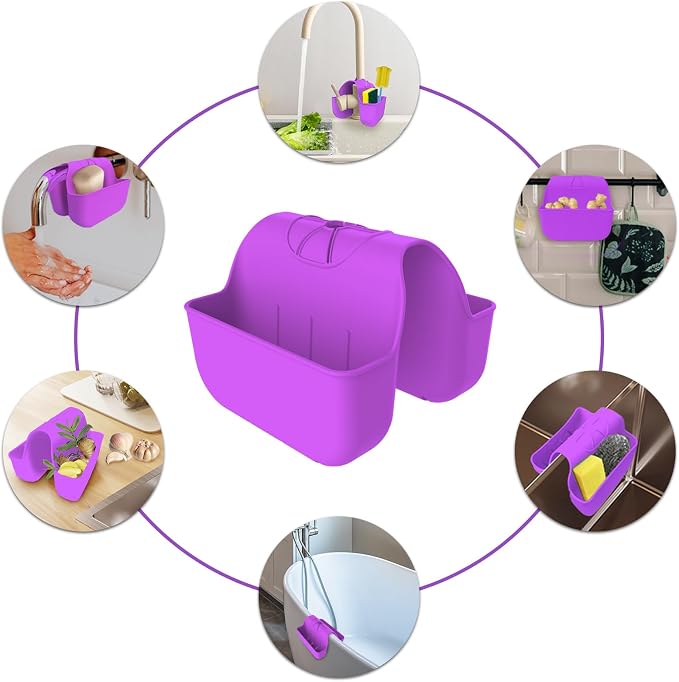 Sponge Holder for Kitchen Sink, Silicone Sink Saddle Caddy Organizer Rack, Sponges Holder Over Faucet, Hanging Kitchen Organizer Accessories Rack Basket - Purple - Image 4