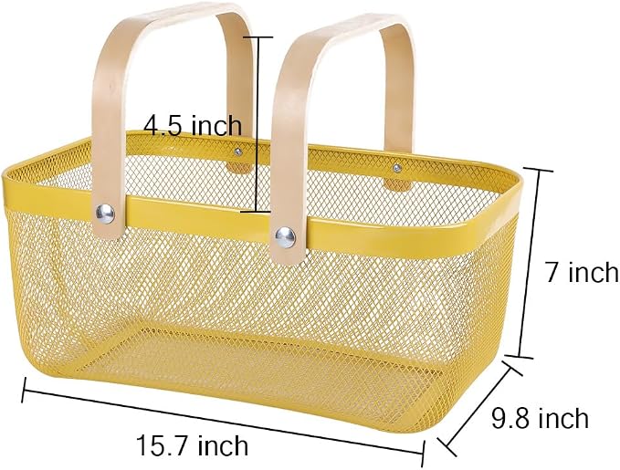 Portable Mesh Harvest Basket - Natural Bamboo Handle Foldable Organizer for Kitchen, Garden & Picnic | Ventilated Storage Bin with Rust-Proof Wire, Space-Saving Farmhouse Decor (Lemon Yellow) - Image 2