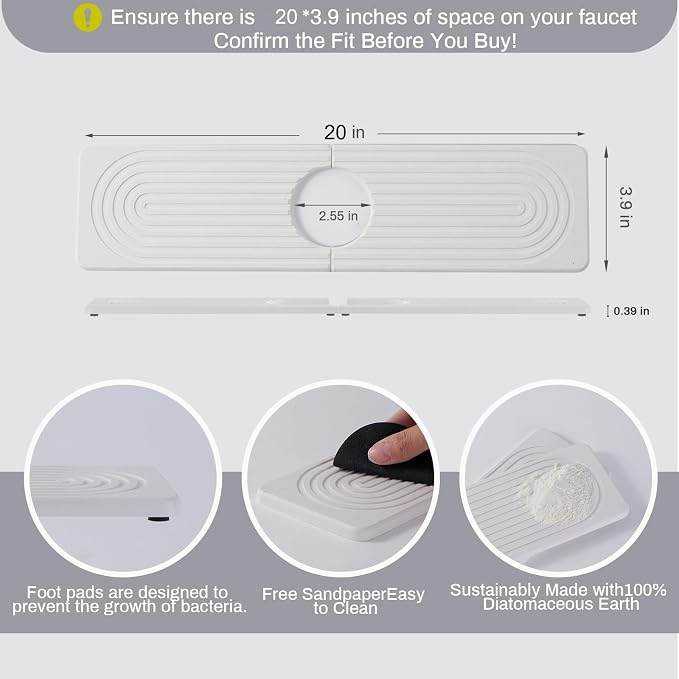 Diatomite Kitchen Faucet Mat 20in Water Absorbing Stone Tray for Sink | Sink Splash Guard Water Absorbing Stone Tray for Sink, Counter Protector Matt for Kitchen & Bathroom - Image 2