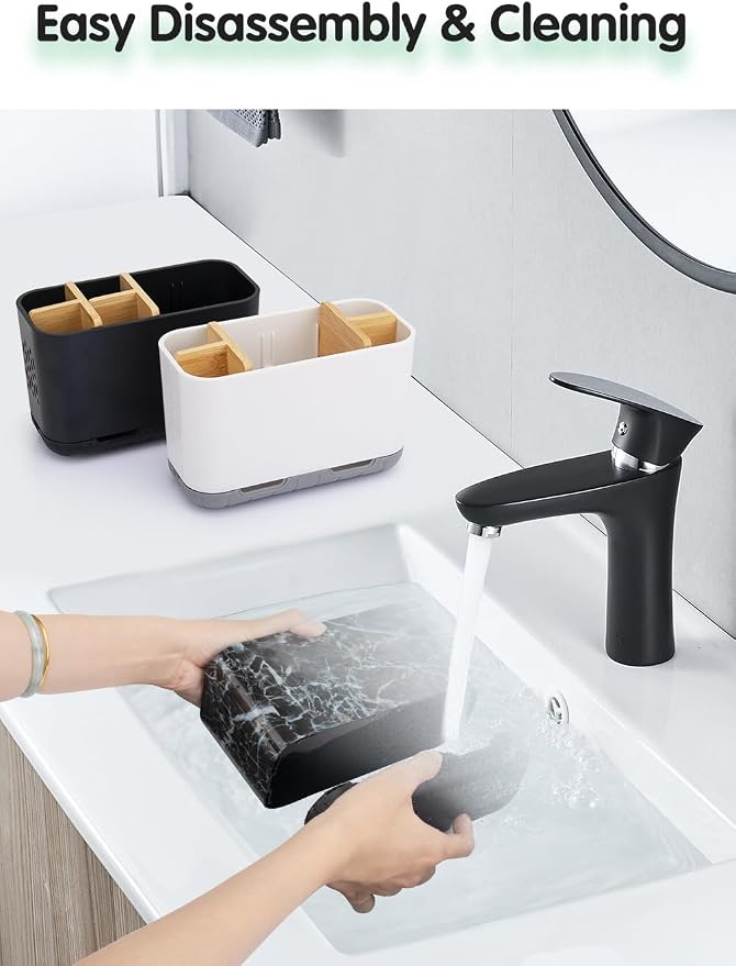 GFWARE Marble Toothbrush Holders with Drainage, Bathroom Organizer, Large | 5 Slots Toothbrush and Toothpaste Holder with Bamboo Divider, Kids Electric Toothbrush Holder for Bathroom, Marble-Look - Image 5