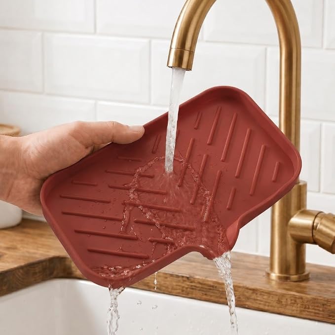 MicoYang Silicone Soap Dish with Drain Spout — Self-Draining Sink Organizer Tray for Bathroom & Kitchen, Sponges, Dispensers & Soap Holder, Non-Slip & Dishwasher Safe, Red (Medium, 9.6"×5.3") - Image 9