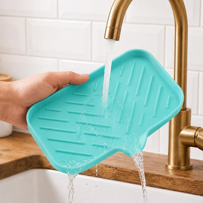 MicoYang Silicone Soap Dish with Drain Spout — Self-Draining Sink Organizer Tray for Bathroom & Kitchen, Sponges, Dispensers & Soap Holder, Non-Slip & Dishwasher Safe, Mint (Medium, 9.6"×5.3") - Image 8