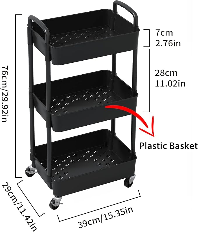 Sywhitta 3-Tier Plastic Rolling Utility Cart with Handle, Multi-Functional Storage Trolley for Office, Living Room, Kitchen, Movable Storage Organizer with Wheels, Black (Pack of 2) - Image 2