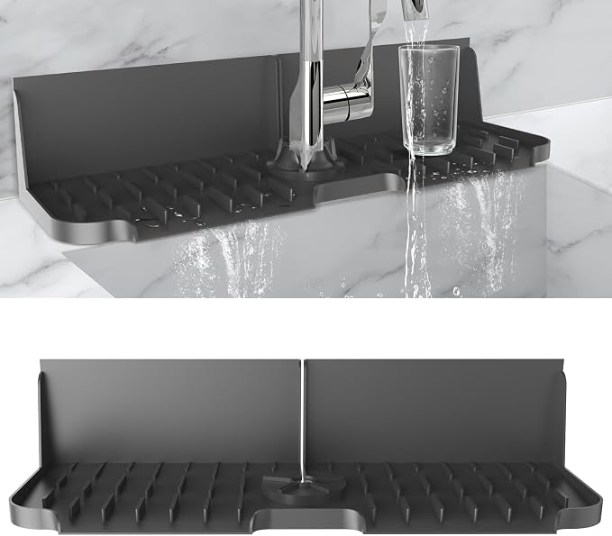 17” x 5.5” Silicone Faucet Handle Drip Catcher Tray Mat, Silicone Faucet Mat Dish Soap Sponge Holder for Kitchen Sink, Drying Mat for Kitchen Counter Bathroom Kitchen Sink Splash Guard - Black by LVJING