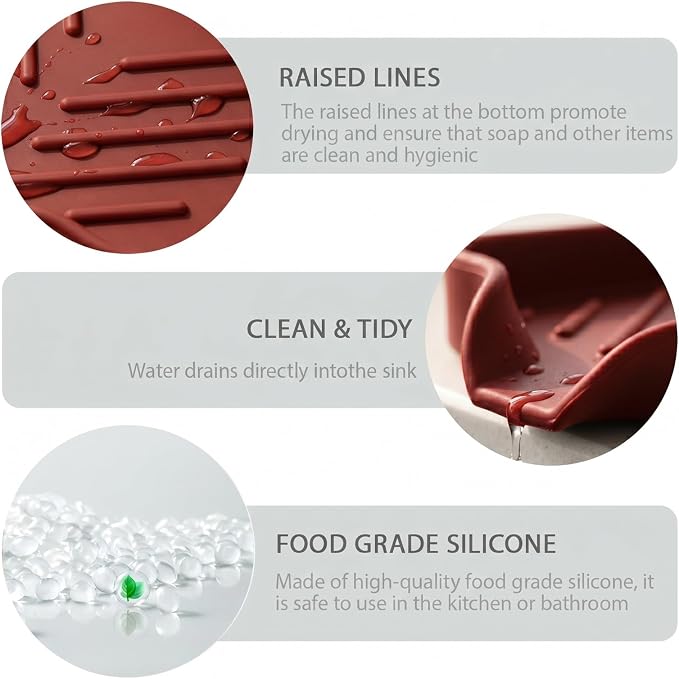 MicoYang Silicone Soap Dish with Drain Spout, Self-Draining Sink Organizer Tray for Bathroom and Kitchen, Sponges, Dispensers and Soap Holder, Non-Slip and Dishwasher Safe, Red (Compact, 4.9"×3.2") - Image 8