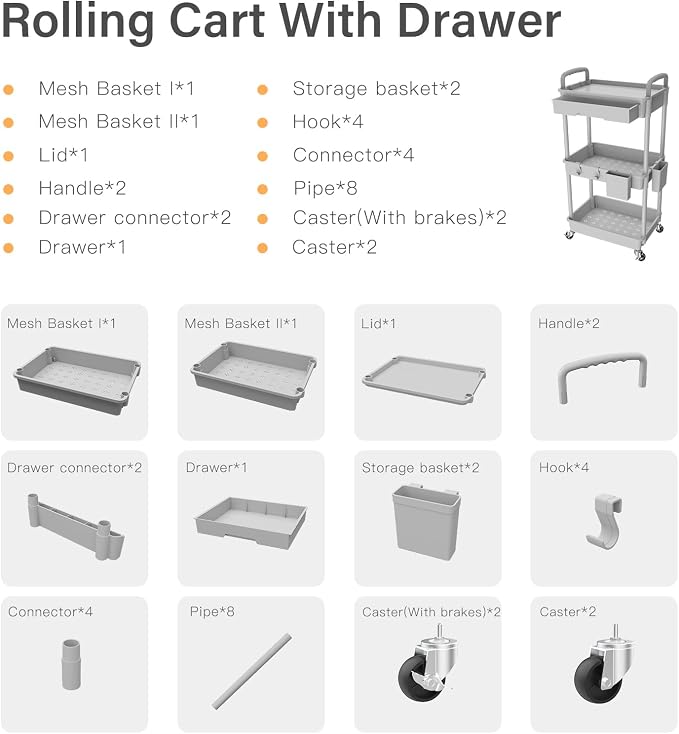 3 Tier Rolling Utility Cart with Drawer,REBECAT Utility Cart Made of Multifunctional Storage Organizer Tool for Kitchen,Bathroom,Living Room,Office(Gray) - Image 4