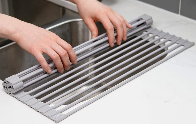 20.5 x 13.1 Inch Roll-Up Dish Drying Rack, Fits Across Sink Openings up to 19.5 Inches, Heavy-Duty Premium Silicone, Strong Support, Non-Slip, Heat-Resistant, Warm Gray - Image 9