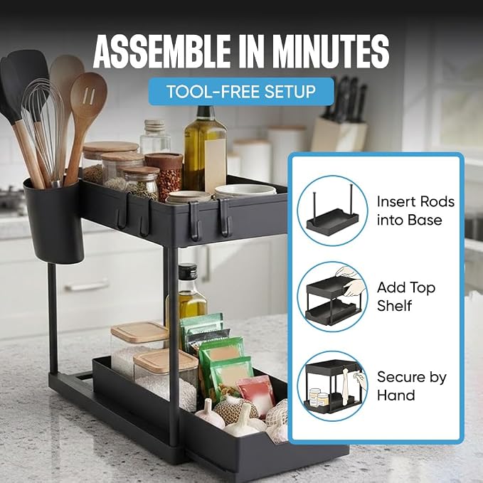 Undersink Organizer, 2-Tier Under Sink Storage Rack with Sliding Drawers for Kitchen Bathroom Cabinets, Pull Out Organizer for Pantry, Laundry Room & Closet Organization - 2 Pack, Black - Image 8